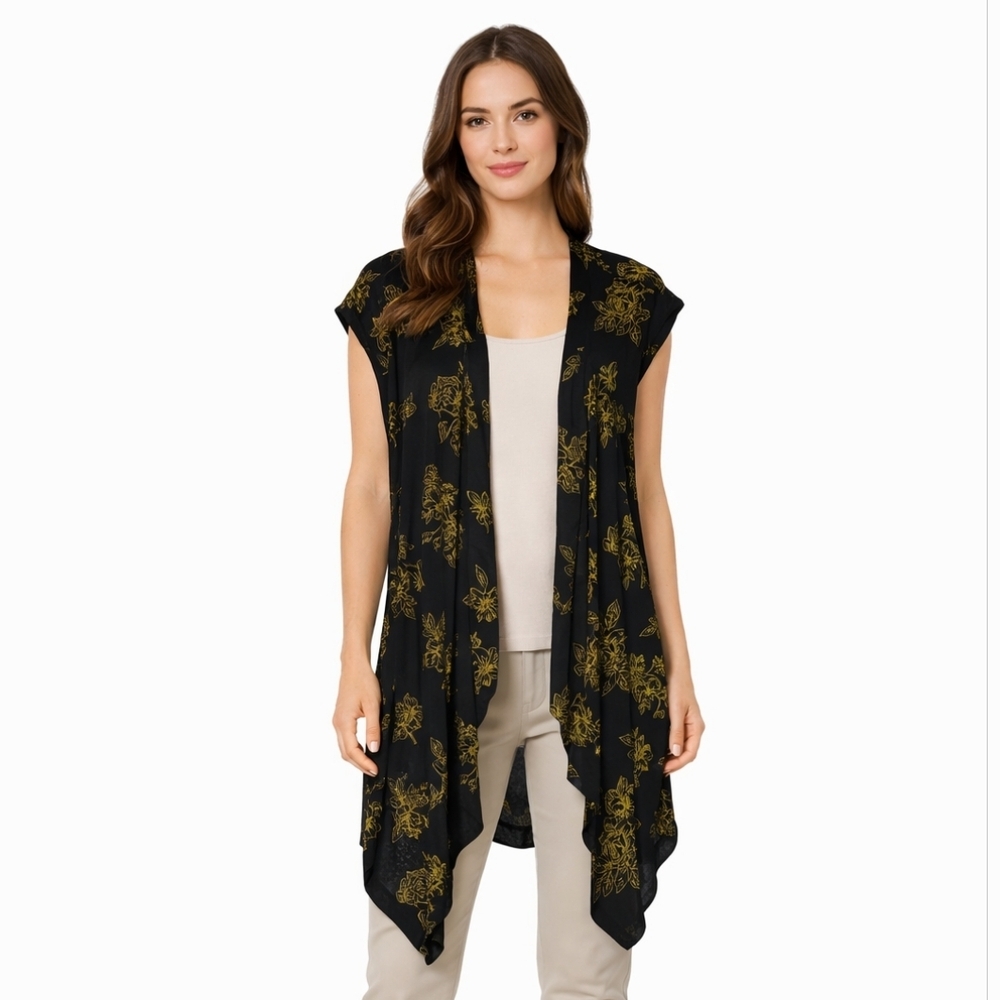 Alberto Makali Open‎ Front Cardigan Kimono Sleeveless Black Gold High Low USA XL